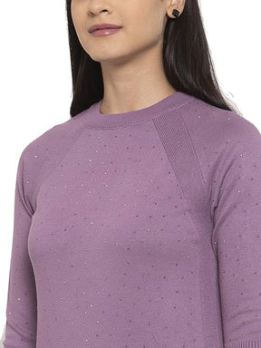 Women Purple Solid Round Neck Regular Print Pullover