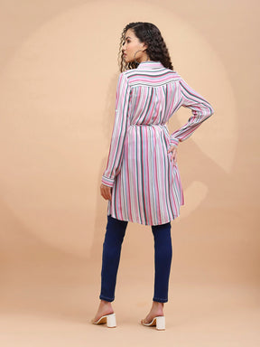 Women Straight Fit Pink & Multi Color Vertical Lines Tunic