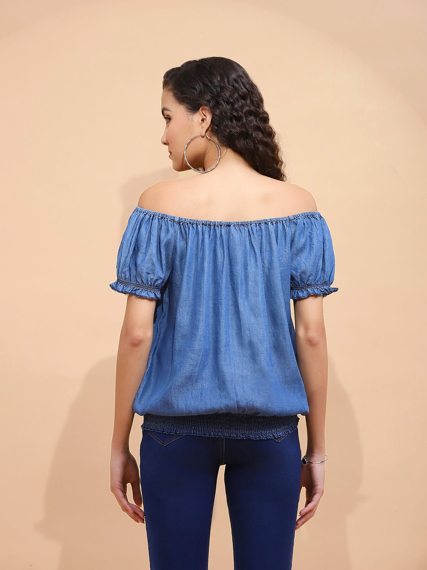 Women Blue Cotton Blend Off Shoulder Regular Fit Casual Top