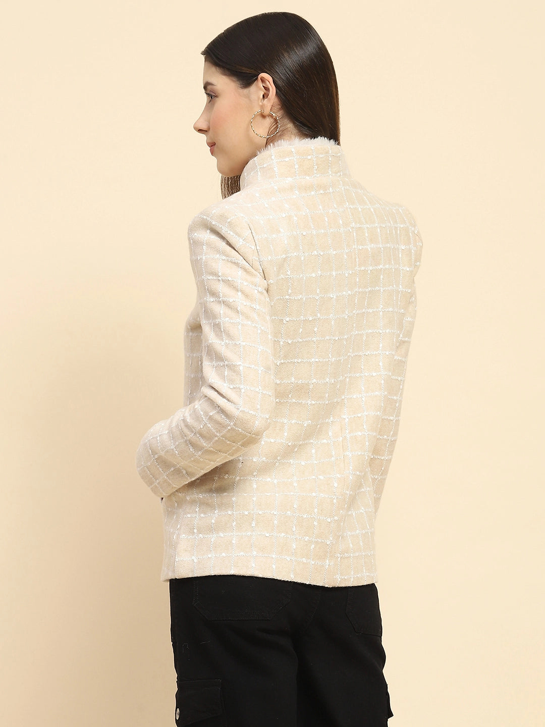 Natural Beige Poly Acrylic Checkered Regular Fit Coat For Winter