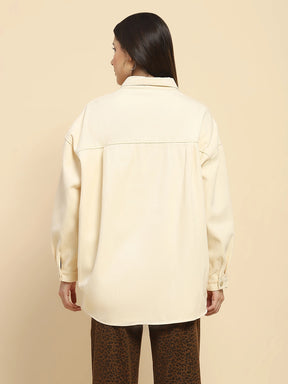 Off White Cotton Solid Oversized Shacket With Fleece Lining For Winter