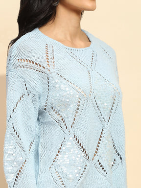 Blue Acrylic Relaxed Fit Pullover For Winter