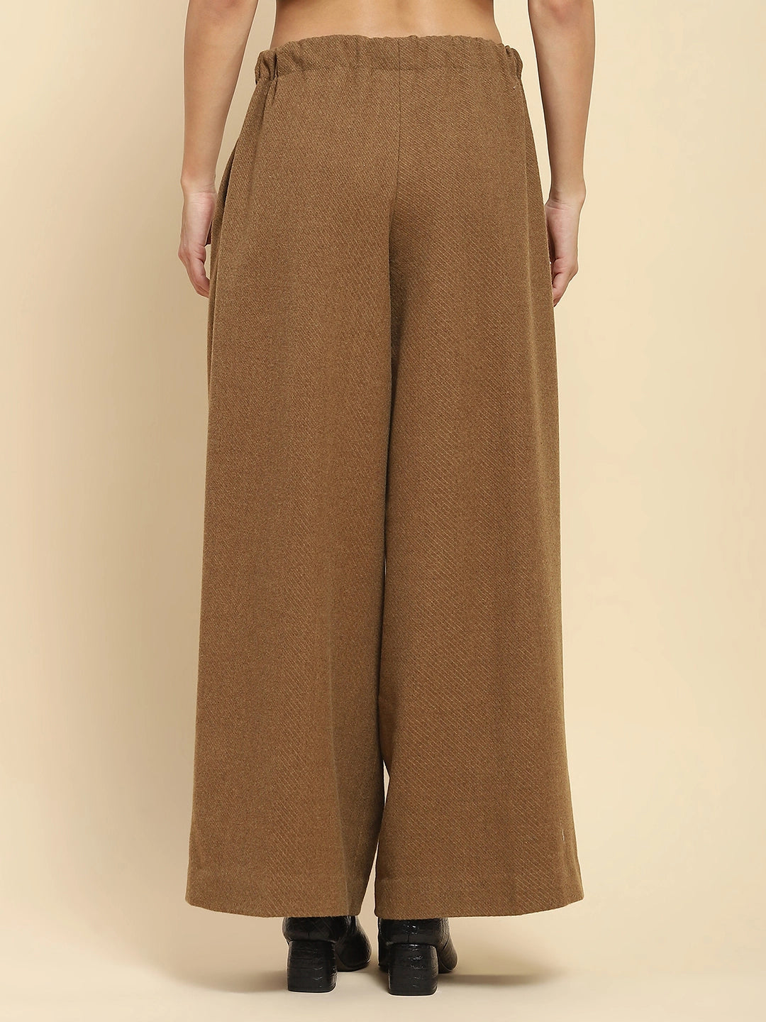 Brown Poly Viscose Stripes Textured  Loose Fit Trouser