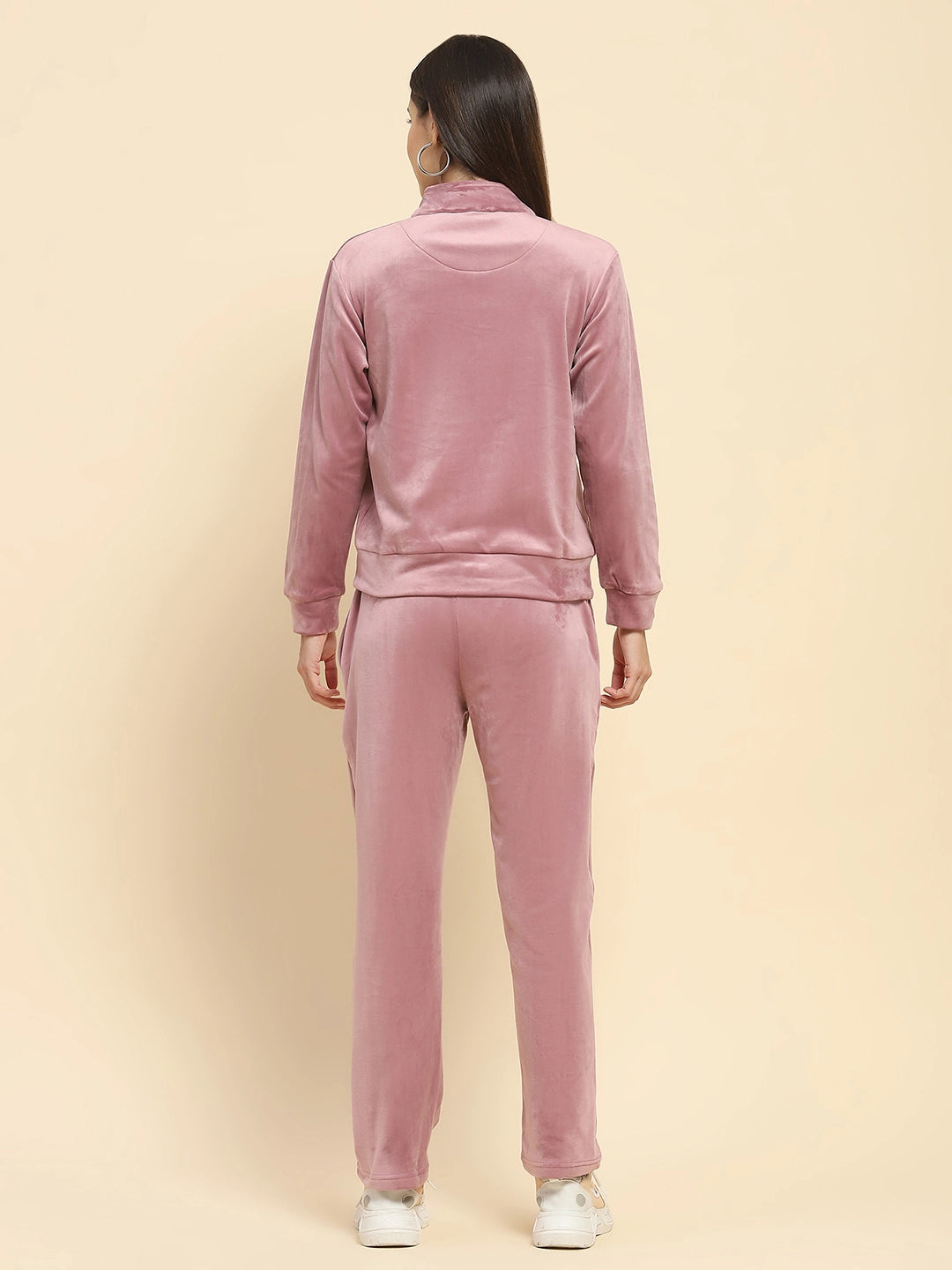 Mauve Velvet Solid Relaxed Fit Night Suit Set For Winter