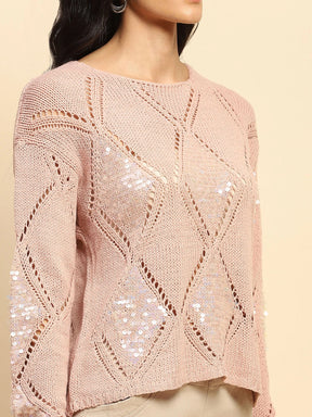 Dusty Pink Acrylic Relaxed Fit Pullover For Winter