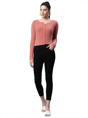 Women Feather Blush Pink Knit Slim Fit Casual Cardigan
