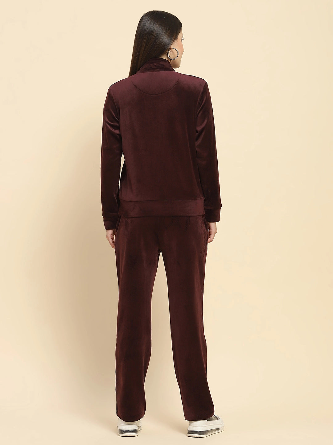 Burgundy Velvet Solid Relaxed Fit Night Suit Set For Winter