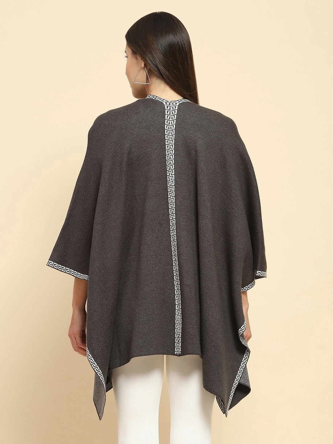 Dark Grey Poly Blend Solid Knit Loose Fit Winter Shrug