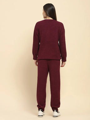 Mauve Poly Blend Solid Relaxed Fit Lounge Wear For Winter