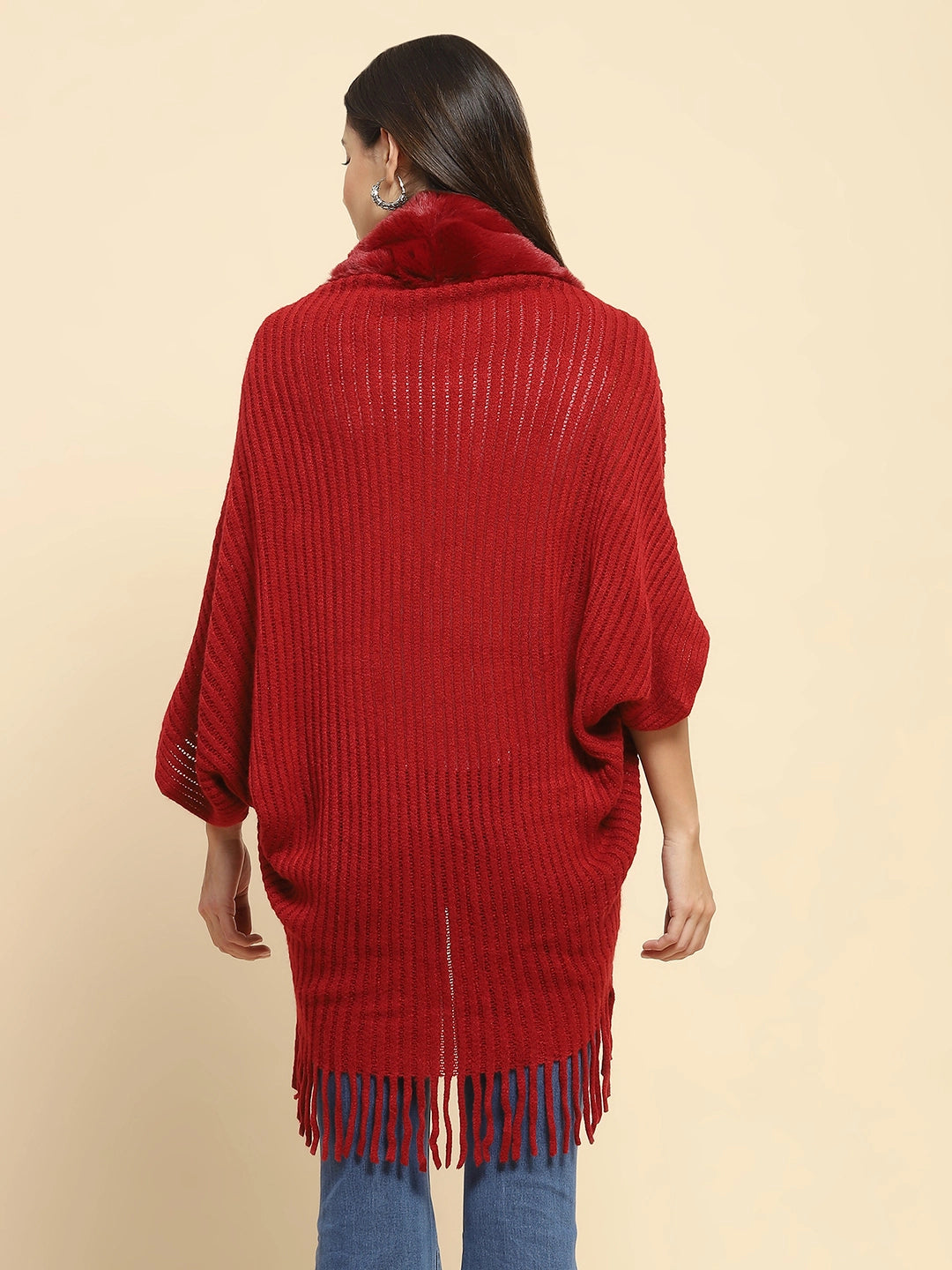 Maroon Acrylic Knitted Relaxed Fit Cape