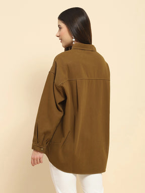 Brown Cotton Oversized Solid Shacket With Fleece Lining For Winter