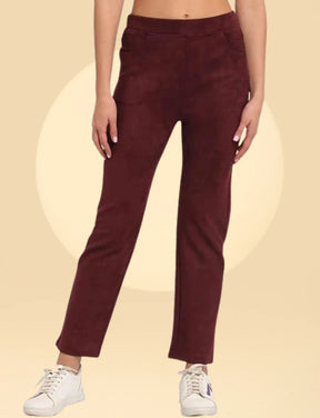 Women Full-Length Solid Maroon Suede Jegging