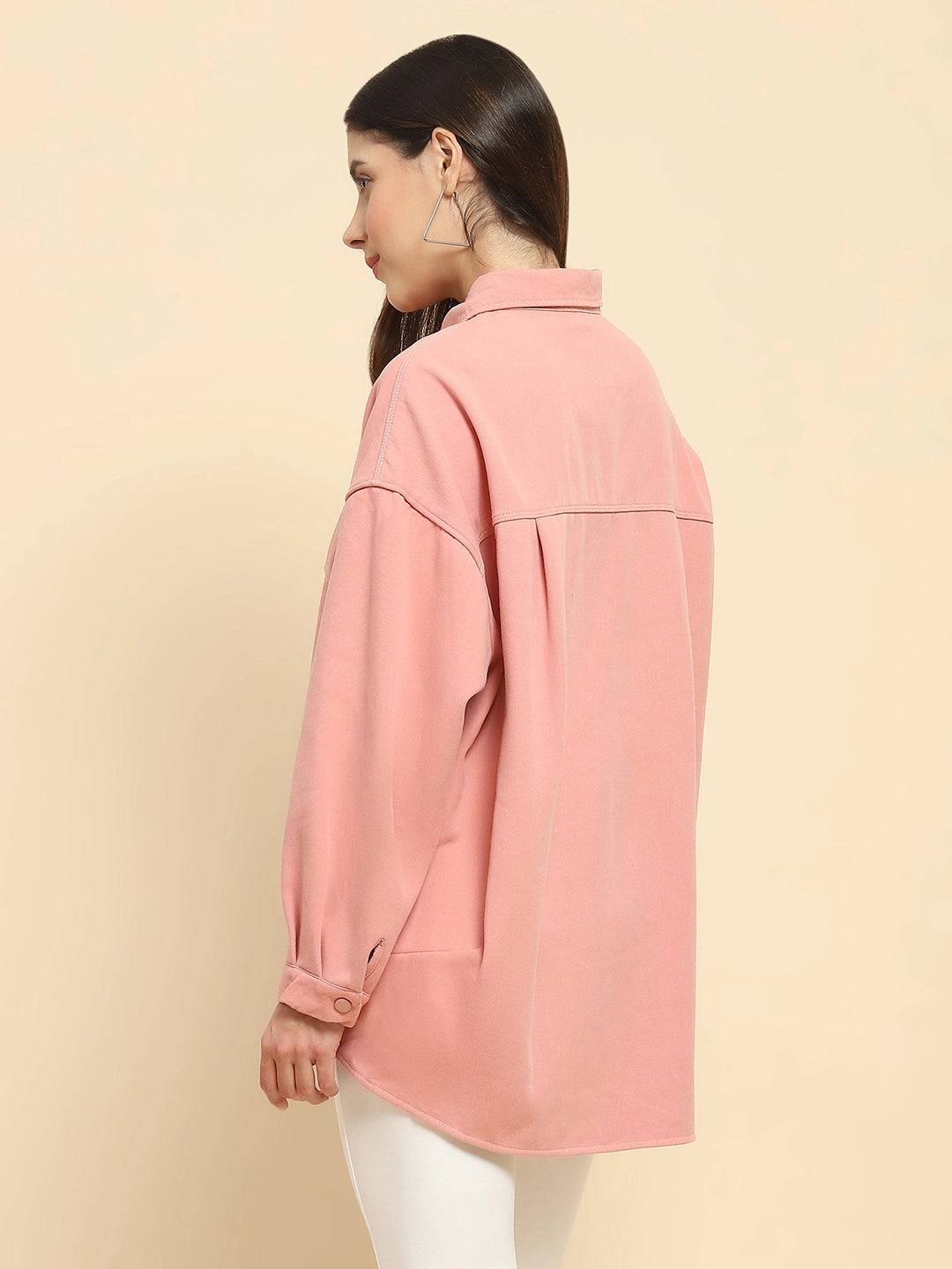 Pink Cotton Solid Oversized Shacket With Fleece Lining For Winter