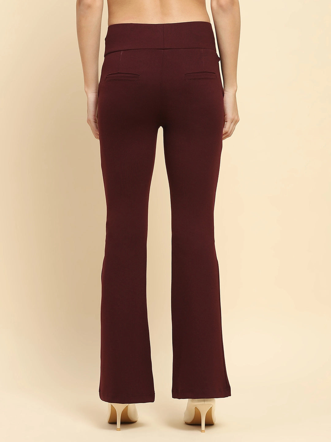 Wine Poly Blend Solid Bootcut Stretchable Slim Fit Trouser