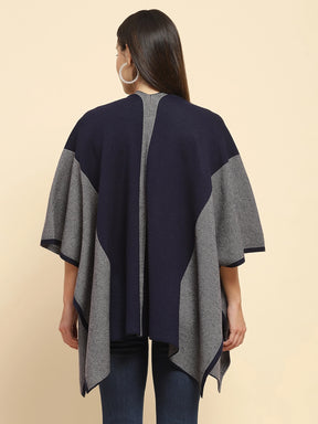 Navy Blue Poly Blend Printed Loose Fit Winter Shrug