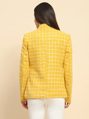 Mustard Poly Acrylic Checkered Regular Fit Coat For Winter