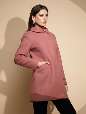 Women Pink Solid High Neck Full Sleeve Loose fit Coat