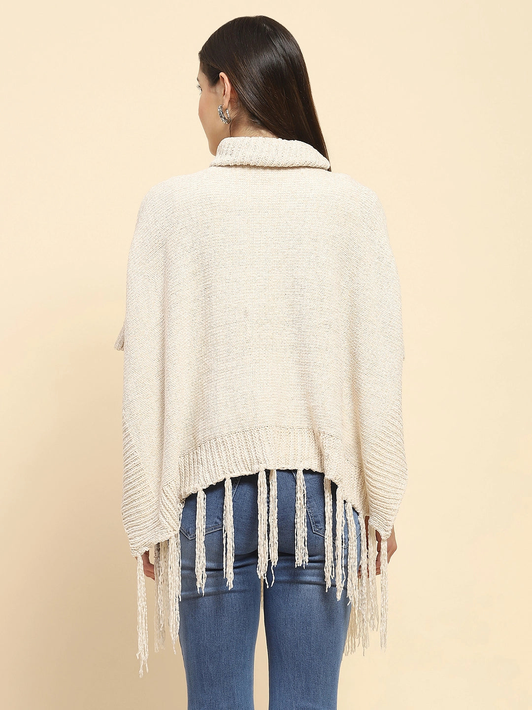 Beige Poly Blend Solid Knit Loose Fit Poncho