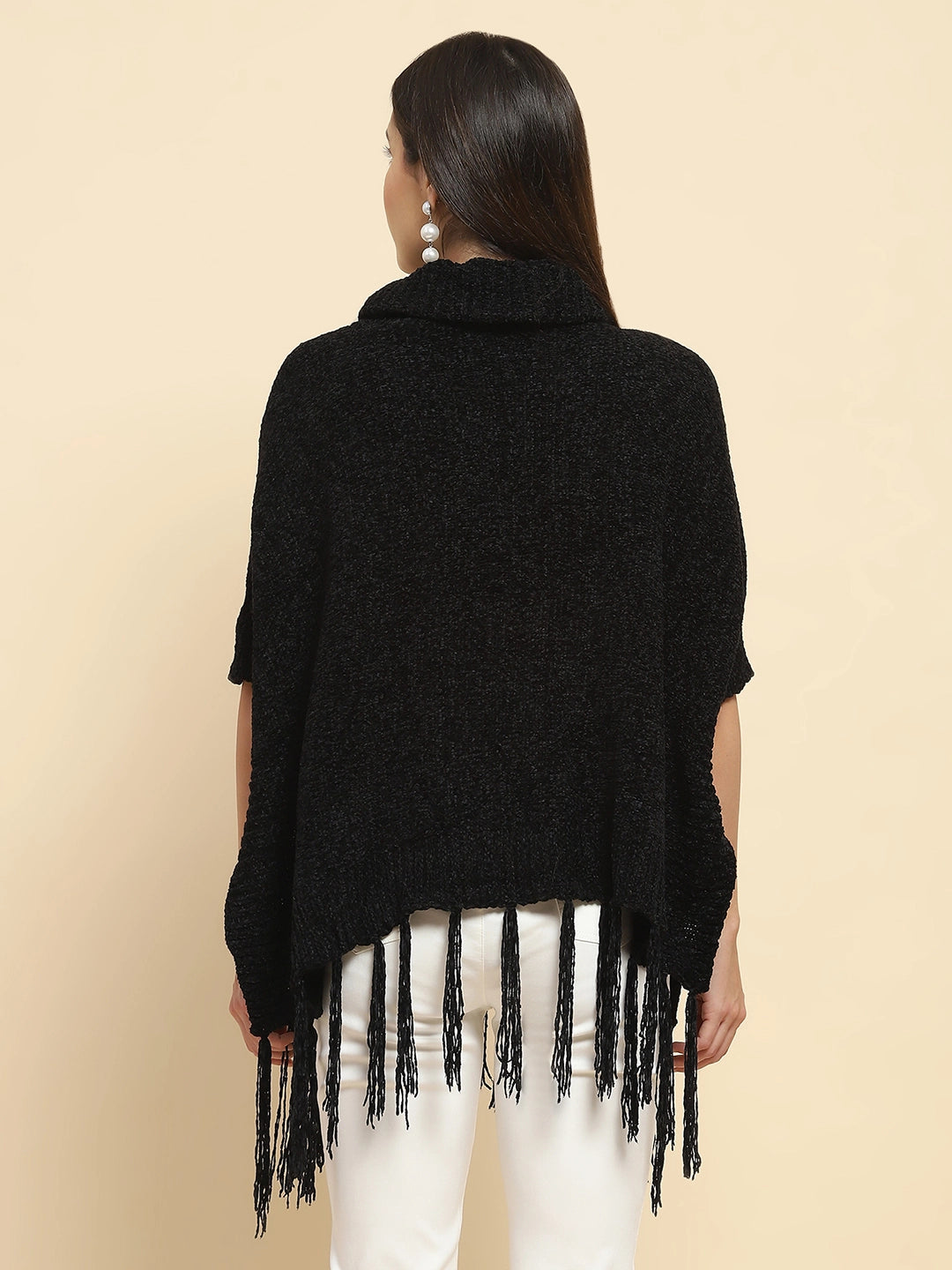 Black Poly Blend Solid Knit Loose Fit Poncho