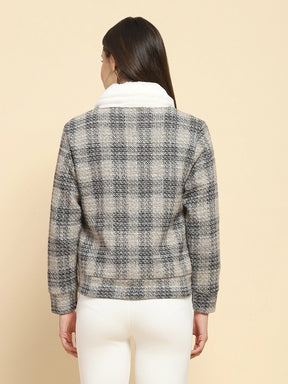 Black Poly Blend Checkered Regular Fit Shacket For Winter