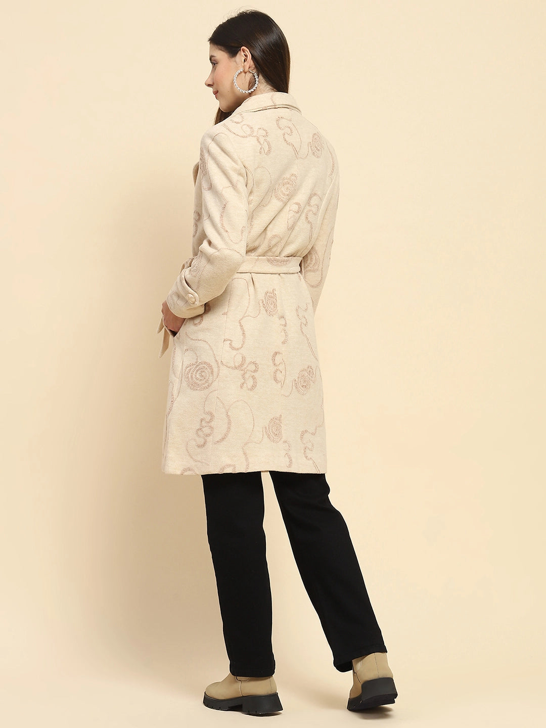 Beige Poly Acrylic Embroidered Relaxed Fit Long Coat For Winter