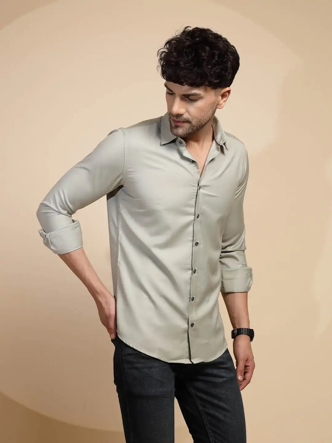 Grey Solid Full Sleeve Cotton Blend Regular Fit Shirt