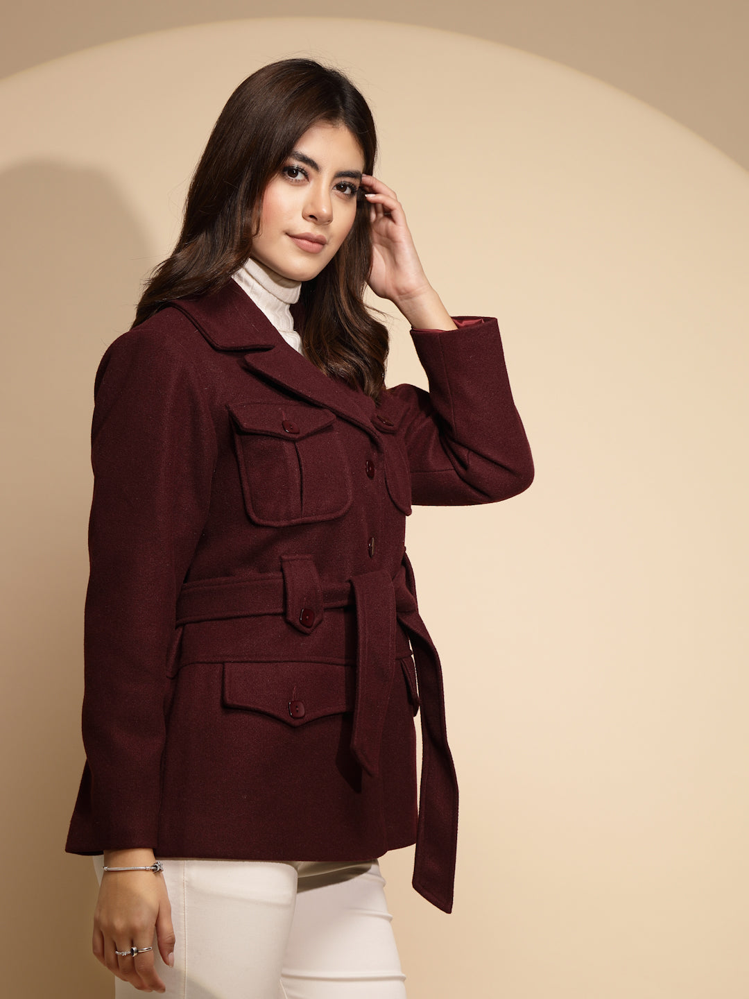 Women Wine Solid Collared Neck Full Sleeve Knitted Wrap Coat
