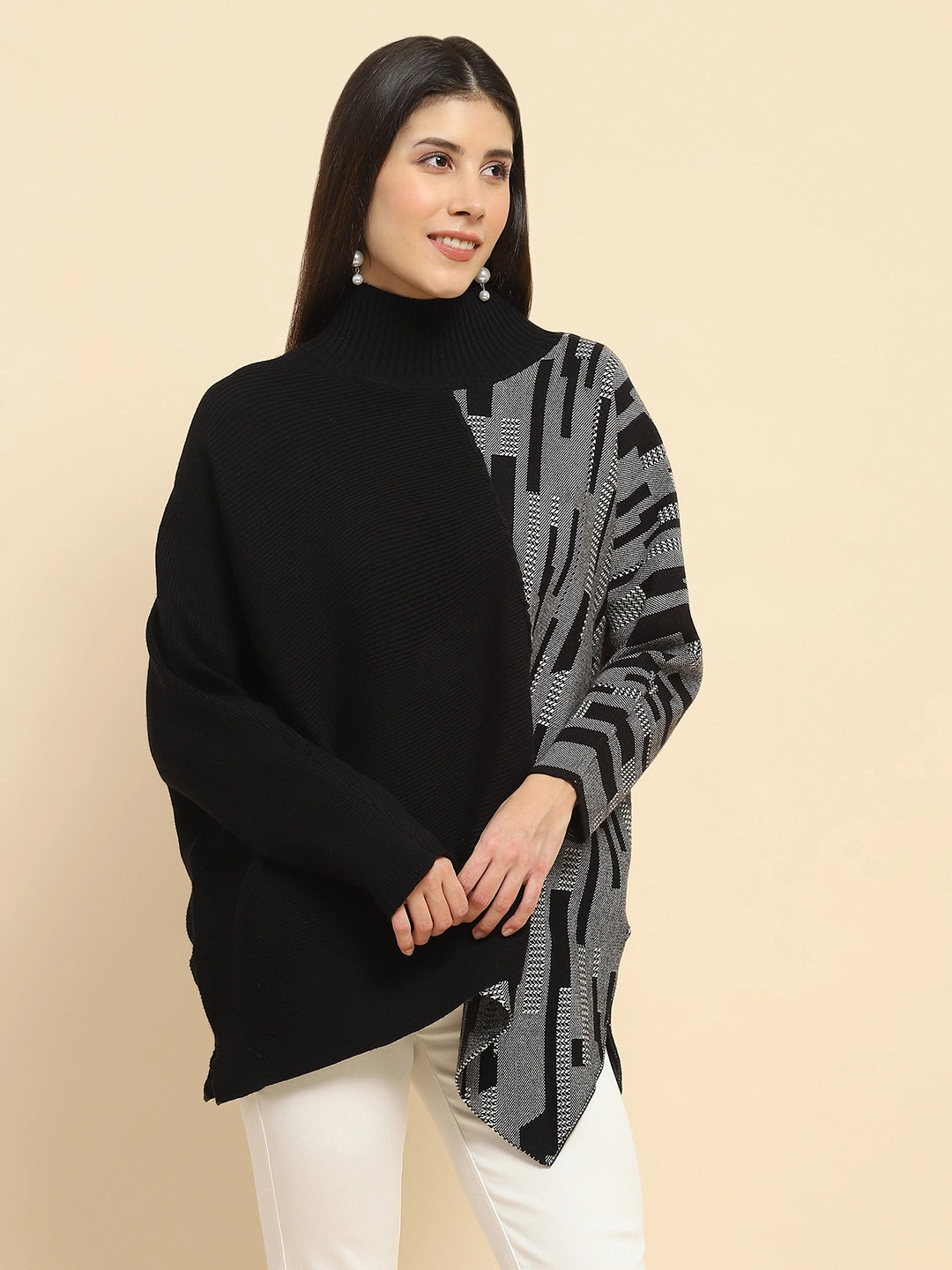 Black Poly Blend Knit Print Relaxed Fit Pullover