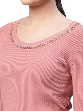 Women Round Neck Dark Pink Regular Fit Knitted Pullover