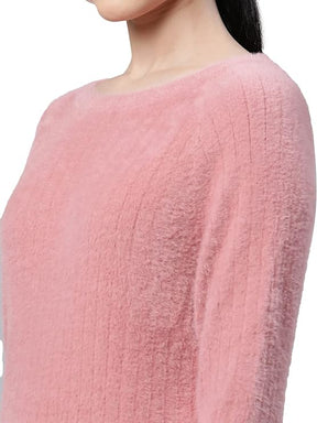 Women Pile knit Pink Woolen Regular Fit Casual Pullover