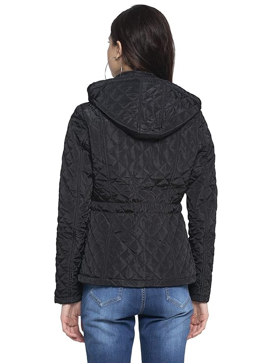 Women Black Hooded Straight Fit Jacket