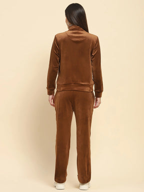 Brown Velvet Solid Relaxed Fit Night Suit Set For Winter