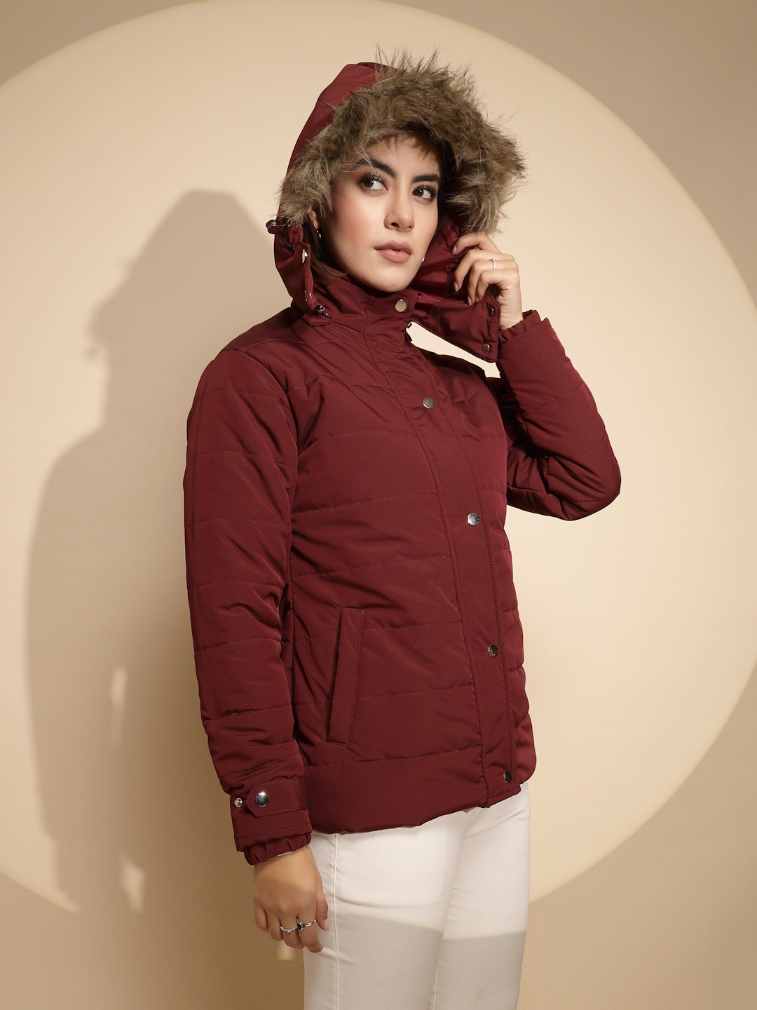 Women Maroon Solid  Full Sleeve Regular fit Hooded Jacket