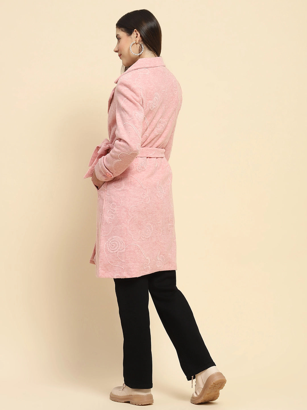 Pink Poly Acrylic Embroidered Relaxed Fit Long Coat For Winter