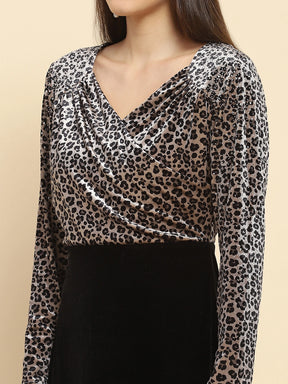 Grey Velvet Leopard Print Slim Fit Dress