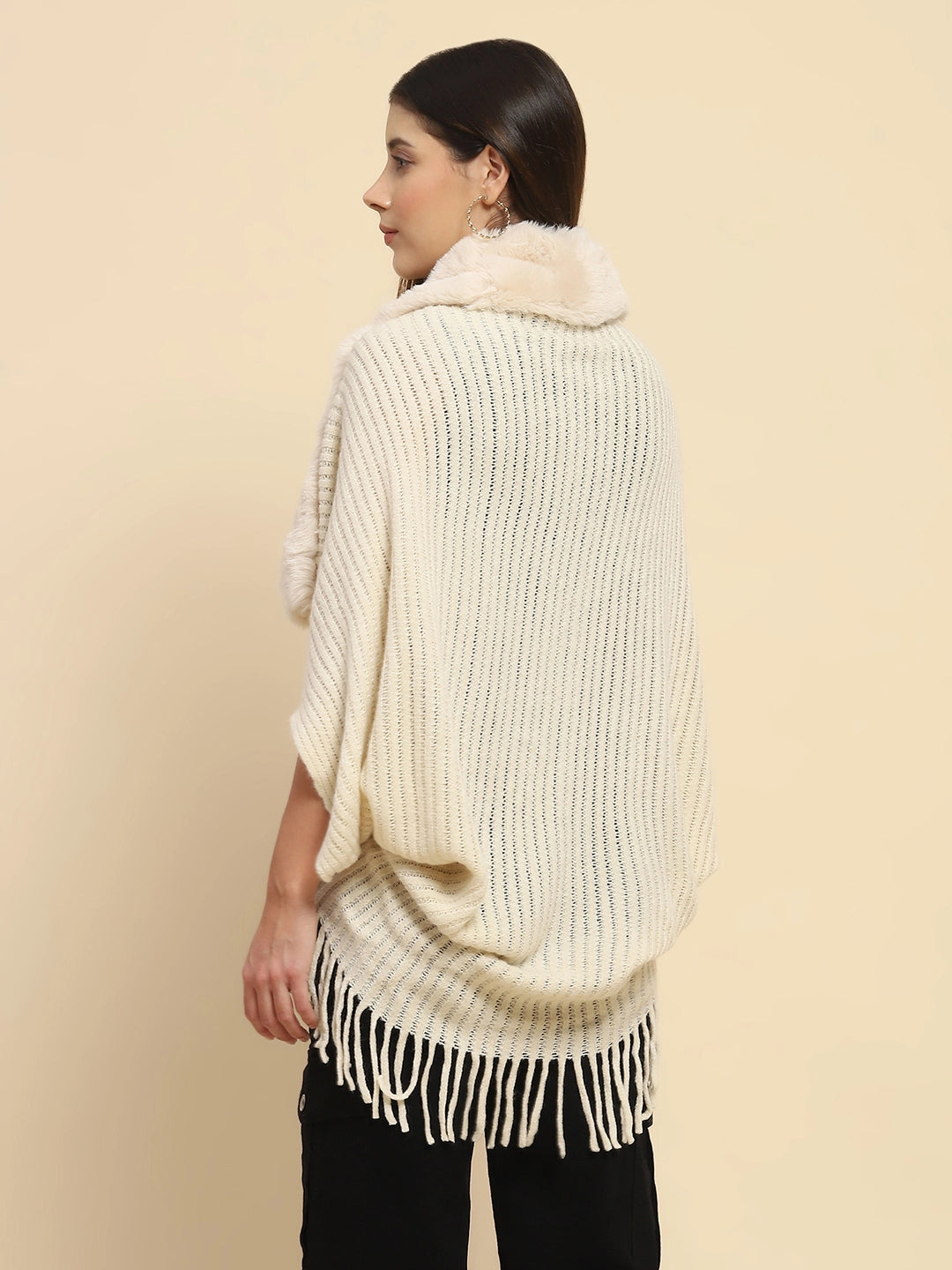 Off White Acrylic Knitted Relaxed Fit Cape