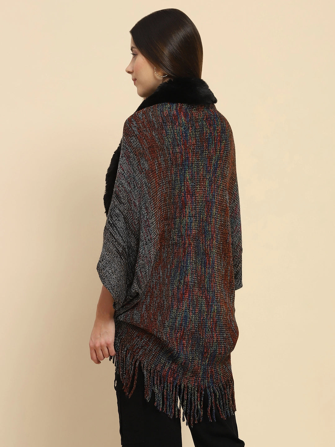 Black Mélange Acrylic Knitted Relaxed Fit Cape