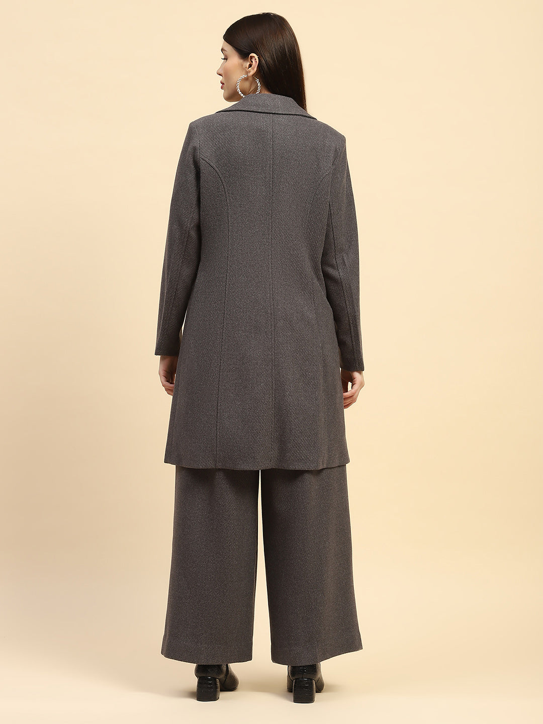 Dark Grey Solid Poly Viscose Relaxed Fit Coat With Trouser Winter Set