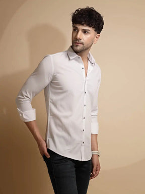 White Solid Full Sleeve Collared Neck Polyester Blend Shirt