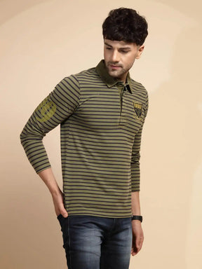 Olive Striped Three Fourth Sleeve T-Shirt