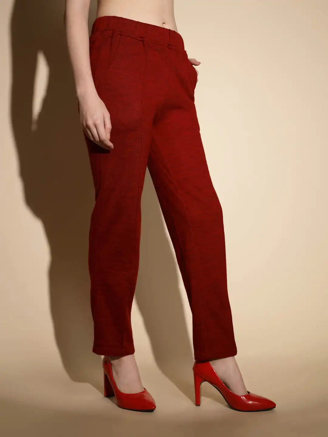 Maroon Solid Straight Cut Low Rise Pants