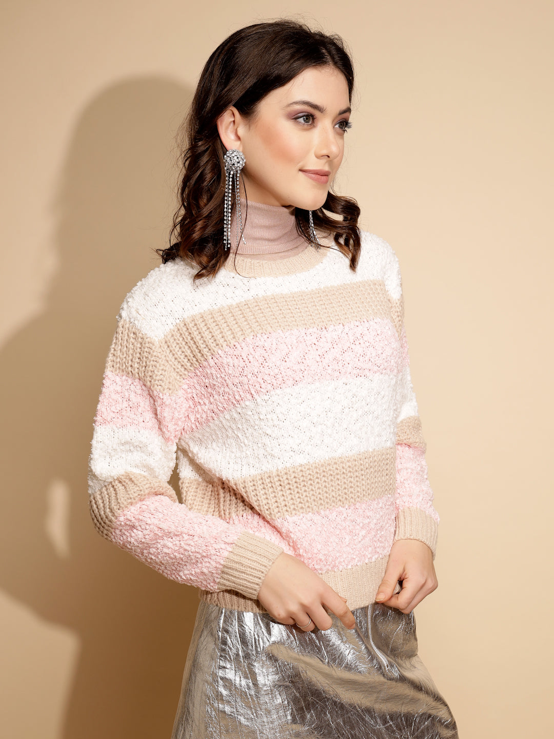Women Multicolored Striped Crew Neck Full Sleeve Knitted Pullover