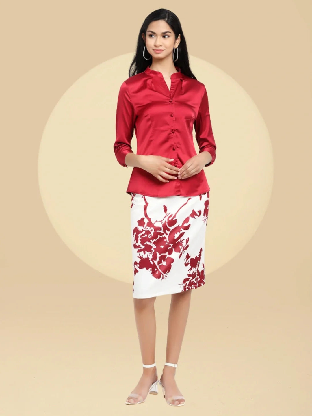 Women Maroon Mandarin Collar Floral Printed Dress