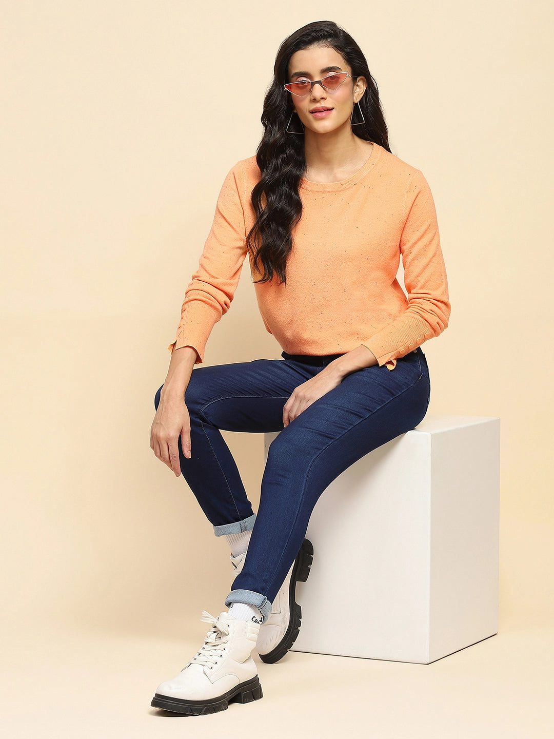 Orange Viscose Blend Regular Fit Pullover For Women