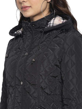 Women Black Hooded Straight Fit Jacket