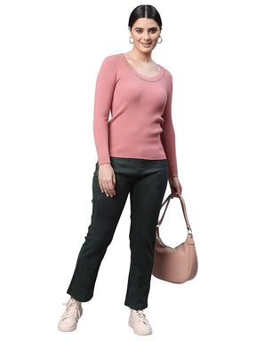 Women Round Neck Dark Pink Regular Fit Knitted Pullover