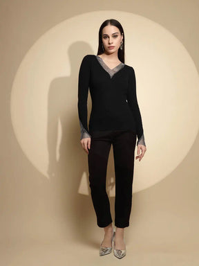 Black Embellished Full Sleeve V-Neck Casual Pullover