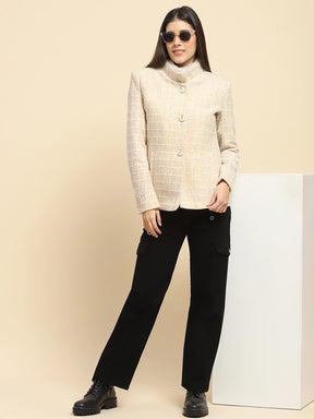 Natural Beige Poly Acrylic Checkered Regular Fit Coat For Winter