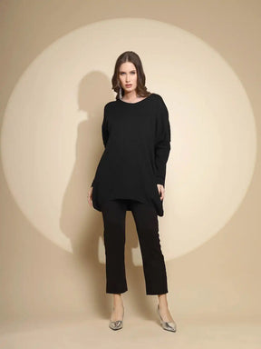 Black Embroidered Full Sleeve Round Neck Nylon Pullover Sweater