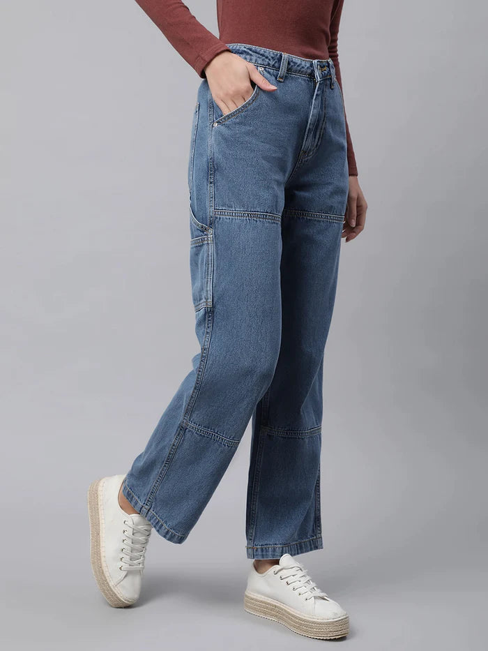 Women Blue Continuous Waistband Straight Leg High Rise Jeans